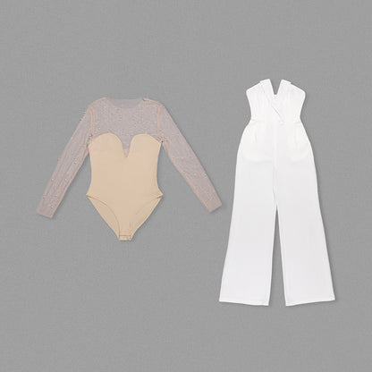 In Stock | White Bubble Bead Jumpsuit, Fashionable Casual Two-Piece Set, High-End European and American Women's Clothing, European and American Style.