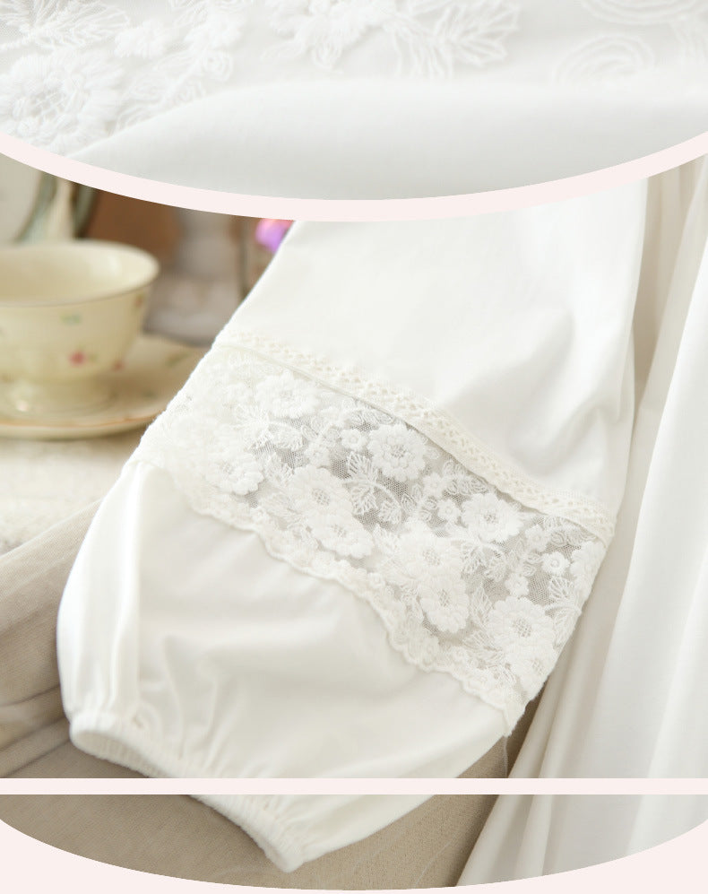 Women's long-sleeved nightdress spring cotton court style French lace princess temperament long pajamas can be worn outside home wear autumn and winter