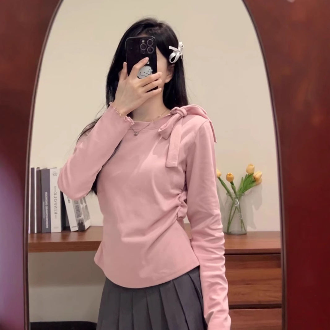 Bow Strap Long-sleeved Korean Style Chic Autumn and Winter New Top Sweet Pure Style Tight Waist Slim Fit Pleated Top