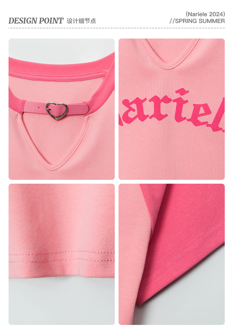 HeyHenry European and American Spice Girls Fashion Hollow Design Letter Print Contrast Color Short-sleeved T-shirt Women's Navel Top