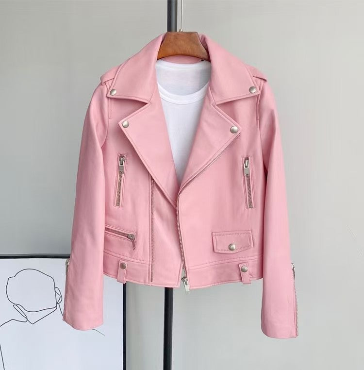 2025 Spring and Autumn New Korean Style Short Women's Pu Women's Large Size Leather Jacket Slim Motorcycle Jacket Small Leather Jacket