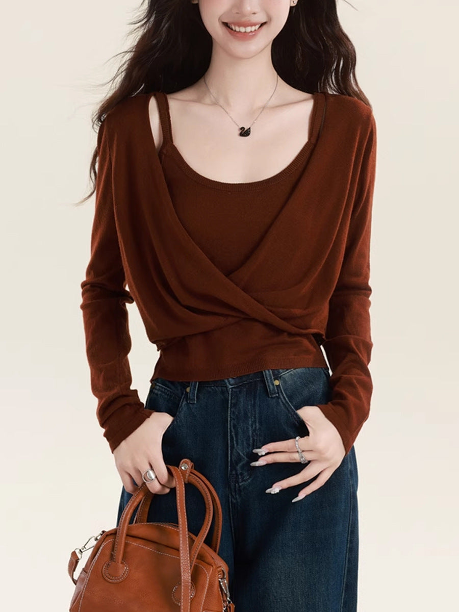 Korean Style Grey Niche Cross-kink Long-sleeved Knitted Top Women's Chic Inner Vest suit