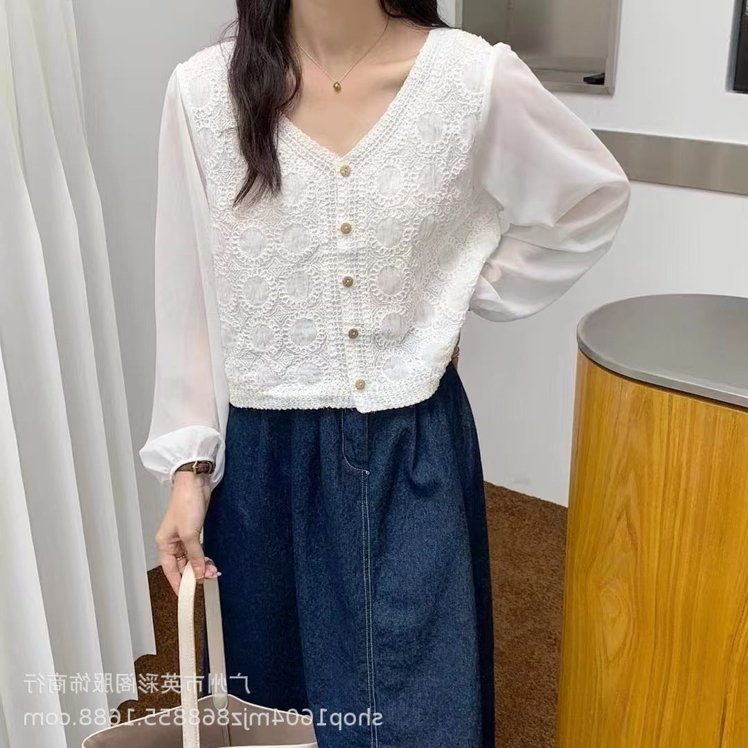 Spring and Summer All-match Sunscreen Stitching Chiffon Cardigan Long-sleeved Puff-sleeved Women's Niche Top Loose Western-style Coat