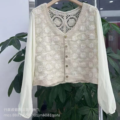 Spring and Summer All-match Sunscreen Stitching Chiffon Cardigan Long-sleeved Puff-sleeved Women's Niche Top Loose Western-style Coat