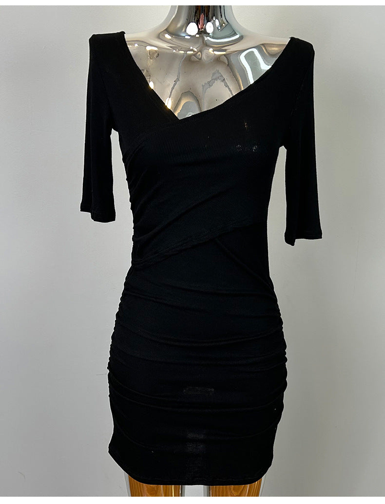 South Korea Dongdaemun New Sexy Feminine V-Neck Pleated Bag Hip Mid-Sleeve dress Figure