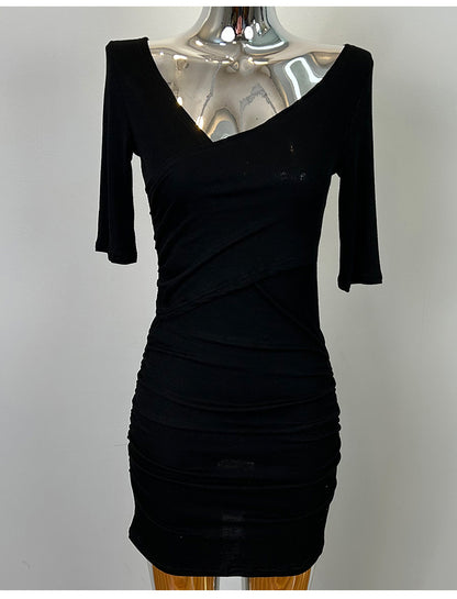 South Korea Dongdaemun New Sexy Feminine V-Neck Pleated Bag Hip Mid-Sleeve dress Figure