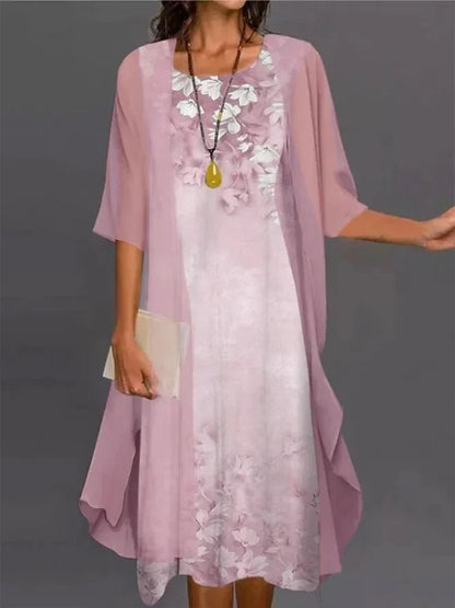 2024 European and American Amazon Summer Women's Casual dress Two-Piece Flower-Print Round Neck Slim-Fit Dress Women