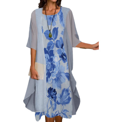 2024 European and American Amazon Summer Women's Casual dress Two-Piece Flower-Print Round Neck Slim-Fit Dress Women