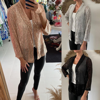 Cross-Border New European and American Amazon Sequined Long-Sleeved Elegant Mid-Length Small Suit Lapel Pure Color Jacket for Women