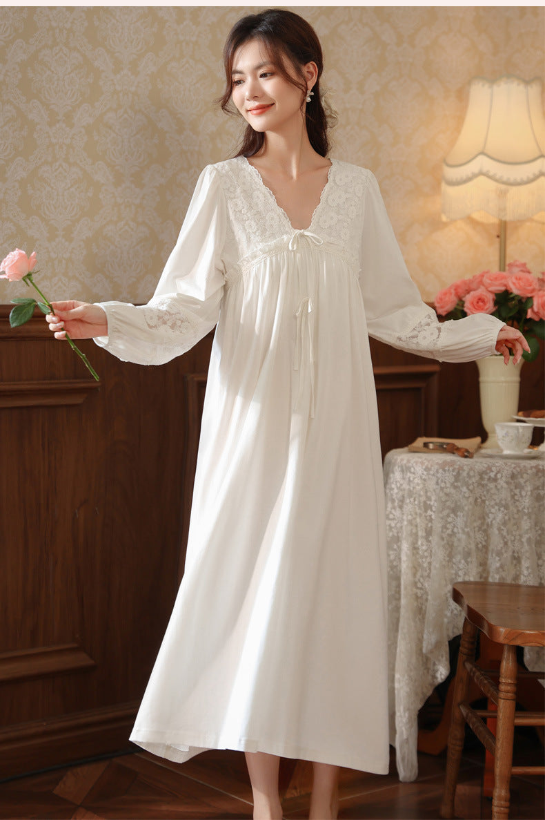 Women's long-sleeved nightdress spring cotton court style French lace princess temperament long pajamas can be worn outside home wear autumn and winter