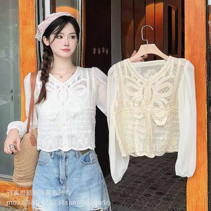 Spring and Summer All-match Sunscreen Stitching Chiffon Cardigan Long-sleeved Puff-sleeved Women's Niche Top Loose Western-style Coat