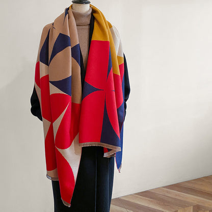 Contrast color asymmetric niche cashmere scarf women's autumn and winter high-grade thickened warm outer shawl new scarf