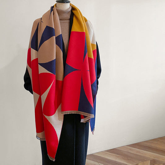 Contrast color asymmetric niche cashmere scarf women's autumn and winter high-grade thickened warm outer shawl new scarf