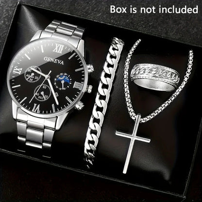 Men's 4-piece Luxury Stainless Steel Quartz Watch with Calendar Gold Cross Necklace Bracelet and Ring