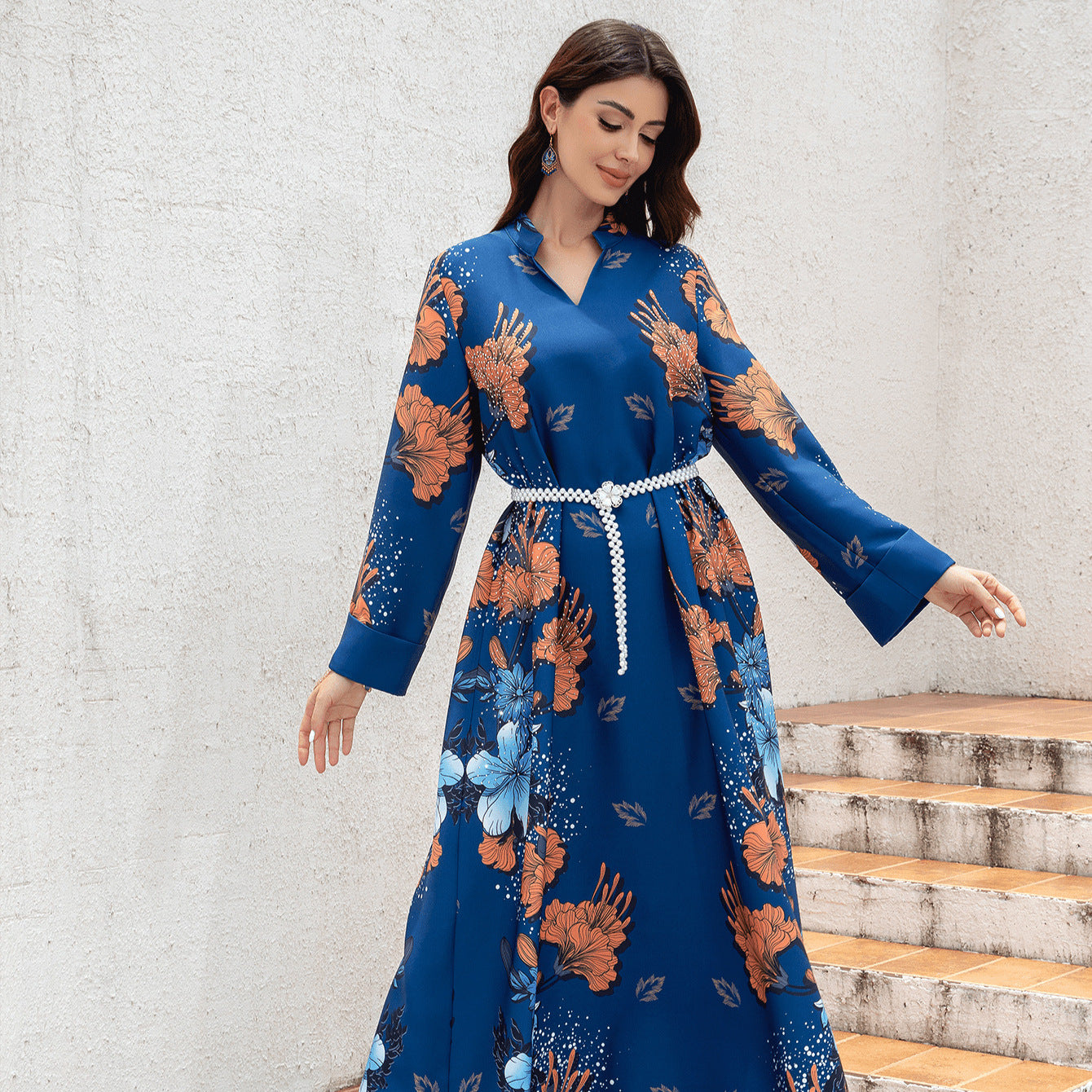 Sw0839 Middle Eastern Cross-Border Muslim Ladies Robe Printed Accessible Luxury Pearl Belt Jumabiya Dress