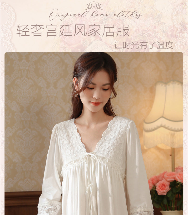 Women's long-sleeved nightdress spring cotton court style French lace princess temperament long pajamas can be worn outside home wear autumn and winter