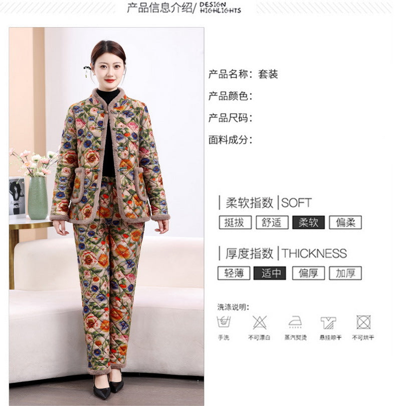 Chinese Style Mother's Winter New fleece-lined Thickened Cotton-padded Coat suit Middle-aged Women's Cotton-padded Clothes Cotton Pants Warm Two-piece Set