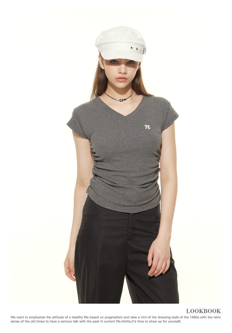 Heyhenry 2025 Summer Pleated Short-Sleeved T-Shirt Women's Niche Design Sexy Short Pinch Waist Niche Top