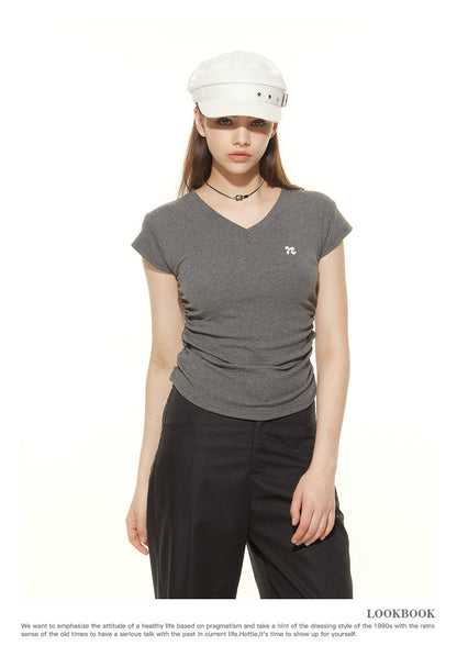 Heyhenry 2025 Summer Pleated Short-Sleeved T-Shirt Women's Niche Design Sexy Short Pinch Waist Niche Top