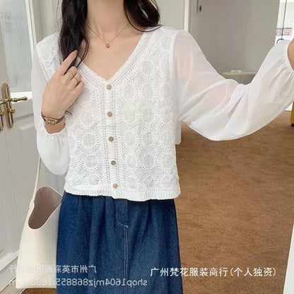 Spring and Summer All-match Sunscreen Stitching Chiffon Cardigan Long-sleeved Puff-sleeved Women's Niche Top Loose Western-style Coat
