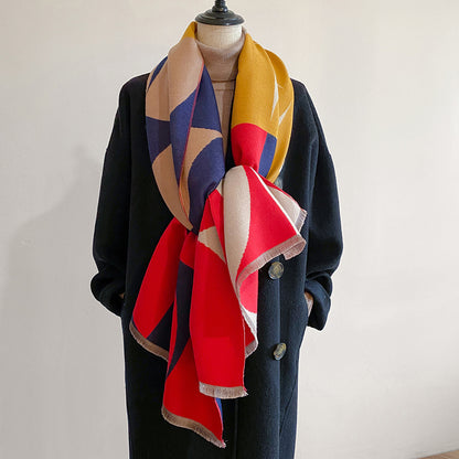 Contrast color asymmetric niche cashmere scarf women's autumn and winter high-grade thickened warm outer shawl new scarf