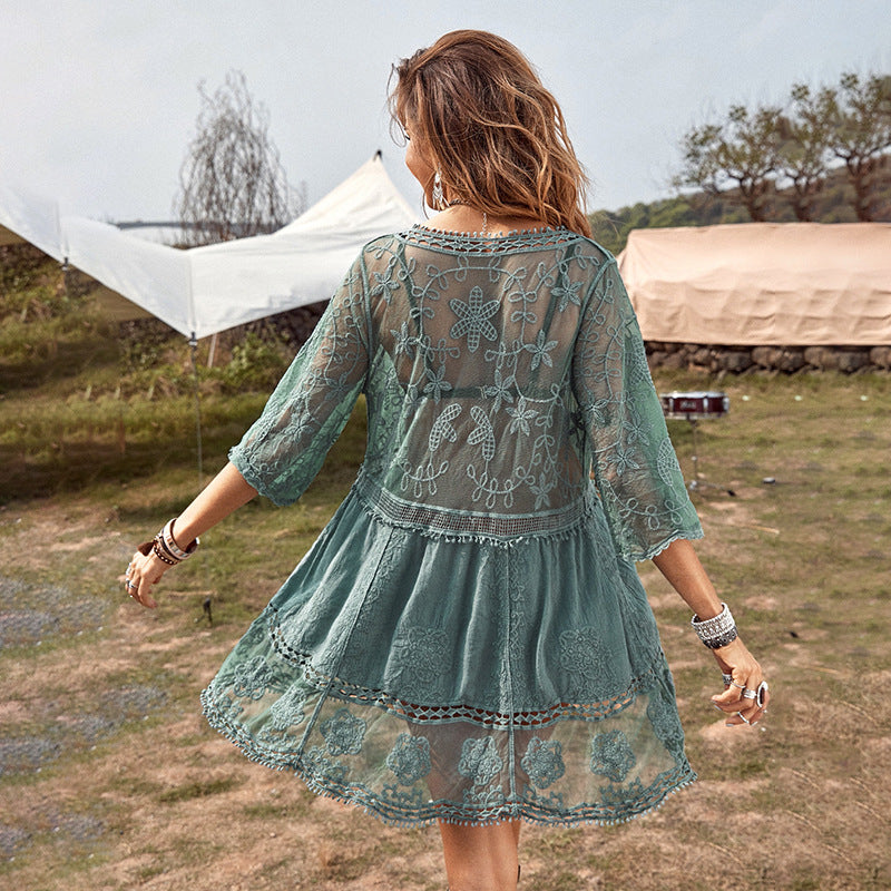 New European and American cotton pullover blouse Beach short skirt bikini blouse seaside holiday skirt swimsuit sun protection clothing for women