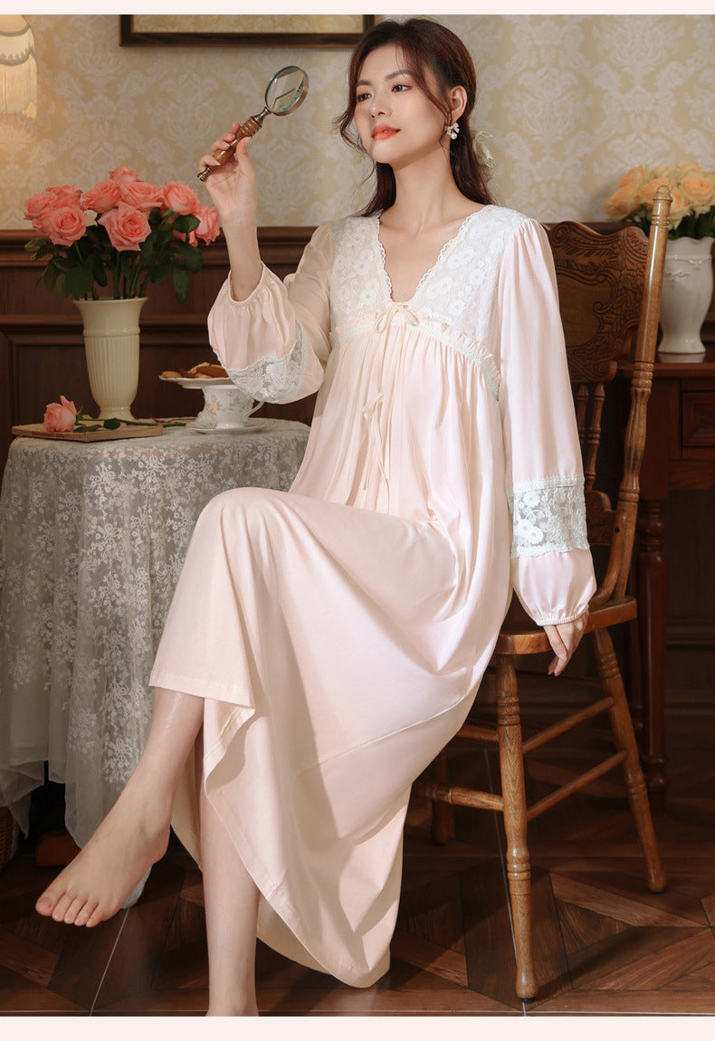 Women's long-sleeved nightdress spring cotton court style French lace princess temperament long pajamas can be worn outside home wear autumn and winter