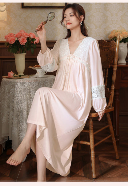 Women's long-sleeved nightdress spring cotton court style French lace princess temperament long pajamas can be worn outside home wear autumn and winter