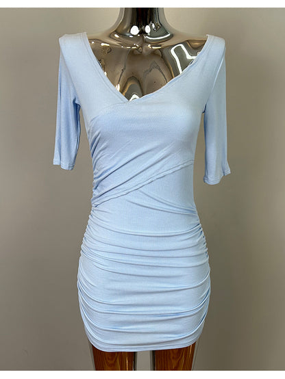 South Korea Dongdaemun New Sexy Feminine V-Neck Pleated Bag Hip Mid-Sleeve dress Figure