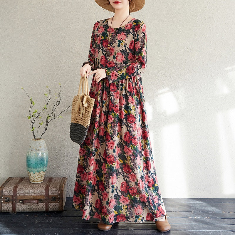 2025 Early Spring New Style Color Holiday Style Travel Crewneck Long Sleeve Retro Long Dress Women's Mat Covering Cotton and Linen dress