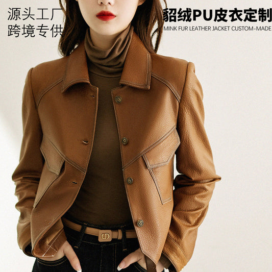 Haining Spring and Autumn New Leather Jacket Single Lined Leather Jacket Women's Short Slim Motorcycle Women's Short Leather Jacket C2707
