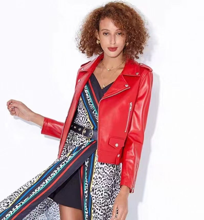 2025 Spring and Autumn New Korean Style Short Women's Pu Women's Large Size Leather Jacket Slim Motorcycle Jacket Small Leather Jacket