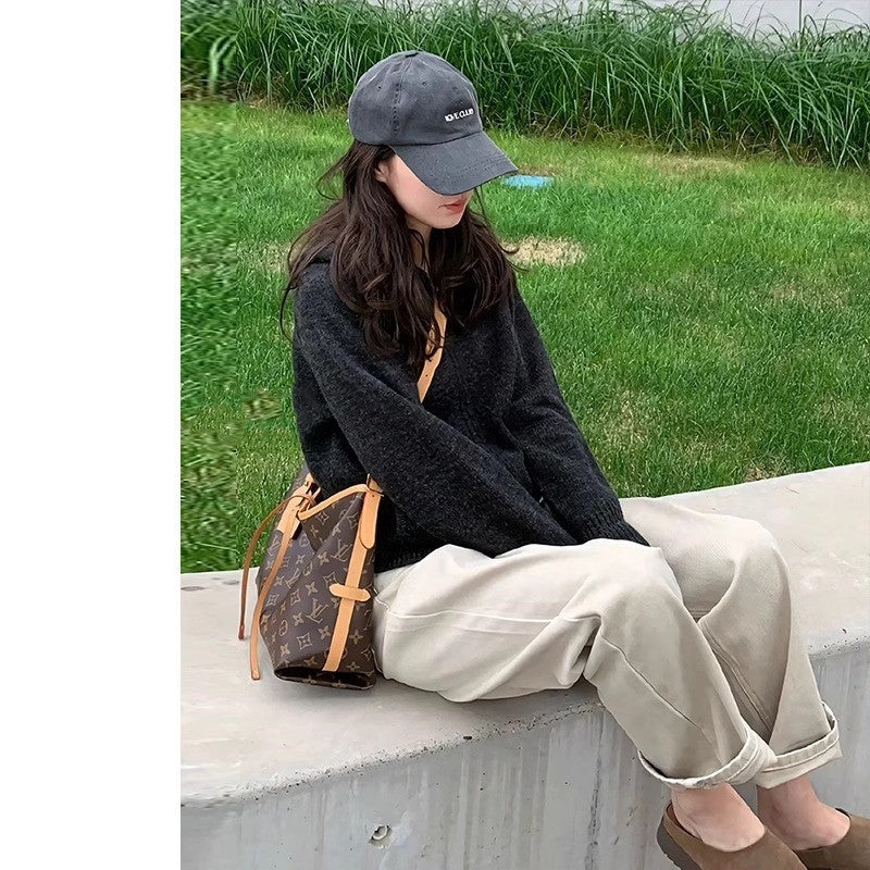 khaki Straight Leg Jeans Women's Trendy All-match New Arrival Loose High Waist Slimming Narrow Version Dosing Wide Leg Long Pants