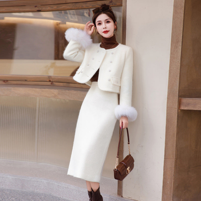 2024 Winter New Style Liner White Duck Down Jacket Real Hair Chanel Style suit Women's Light Luxury Socialite Skirt Two-piece Set
