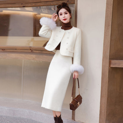 2024 Winter New Style Liner White Duck Down Jacket Real Hair Chanel Style suit Women's Light Luxury Socialite Skirt Two-piece Set