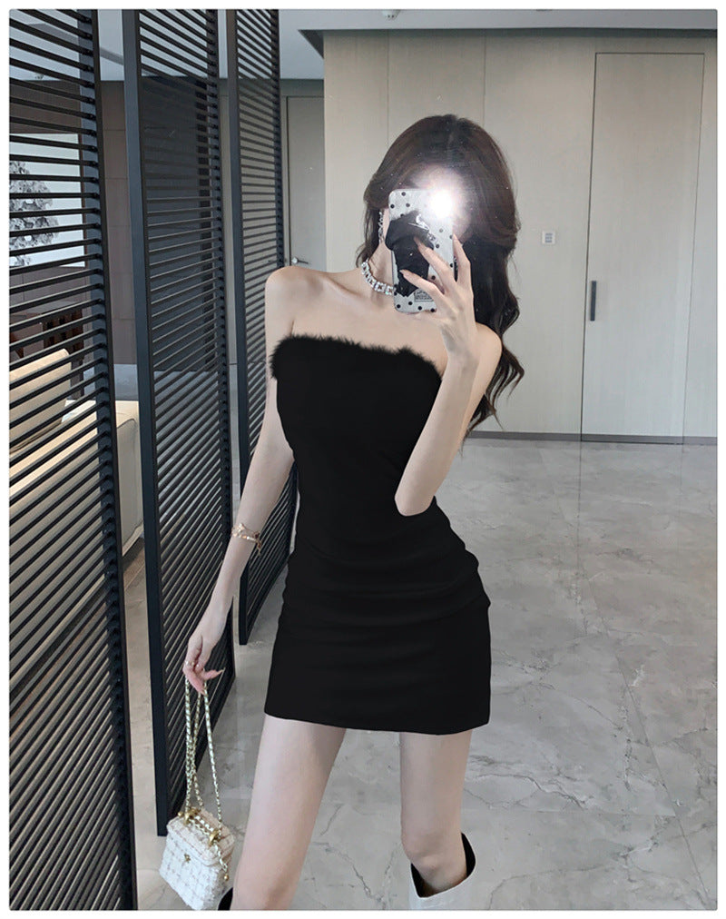 Pure Desire Sexy Spice Girl Strapless dress Slim-fit Waist Base Skirt Stitching Mao Mao Wrap Hip Skirt Autumn and Winter