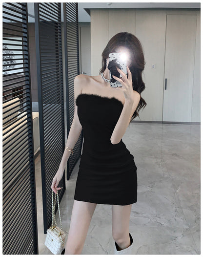 Pure Desire Sexy Spice Girl Strapless dress Slim-fit Waist Base Skirt Stitching Mao Mao Wrap Hip Skirt Autumn and Winter