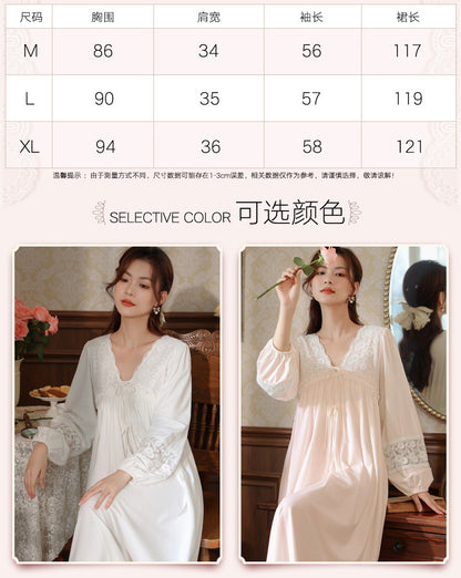 Women's long-sleeved nightdress spring cotton court style French lace princess temperament long pajamas can be worn outside home wear autumn and winter
