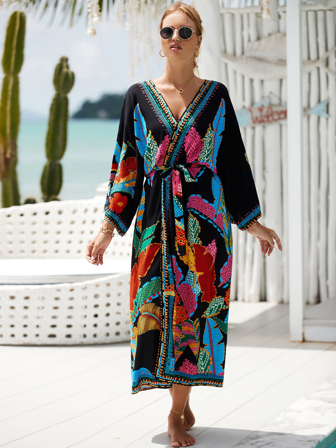 2023 New European and American Cotton Print Beach Jacket Sexy Sun Protection Cardigan Holiday Bikini Overshirt Women