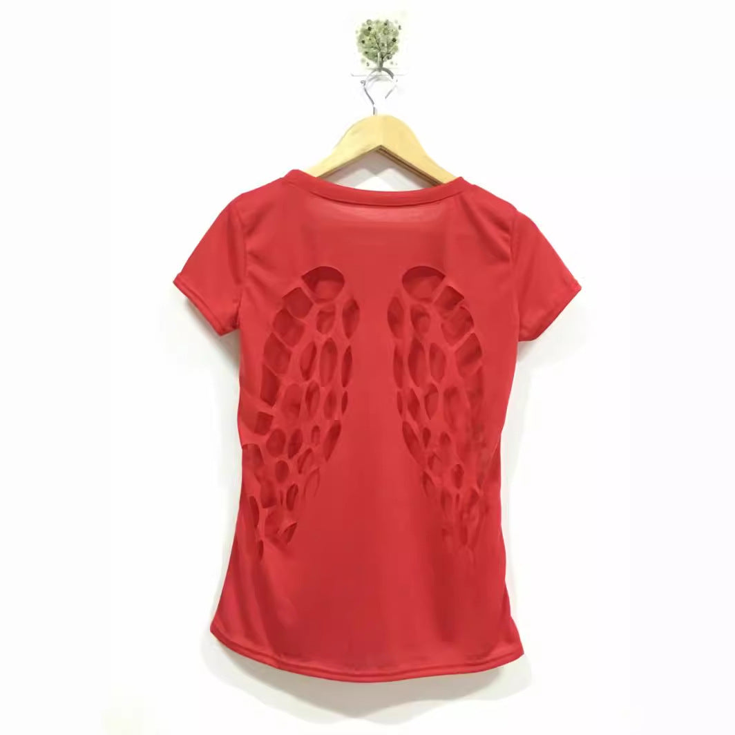 Amazon Back Burning Flower Laser Carving Hollow Angel Wings Black Round Neck Short Sleeve Women's T-shirt for Foreign Trade