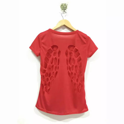 Amazon Back Burning Flower Laser Carving Hollow Angel Wings Black Round Neck Short Sleeve Women's T-shirt for Foreign Trade