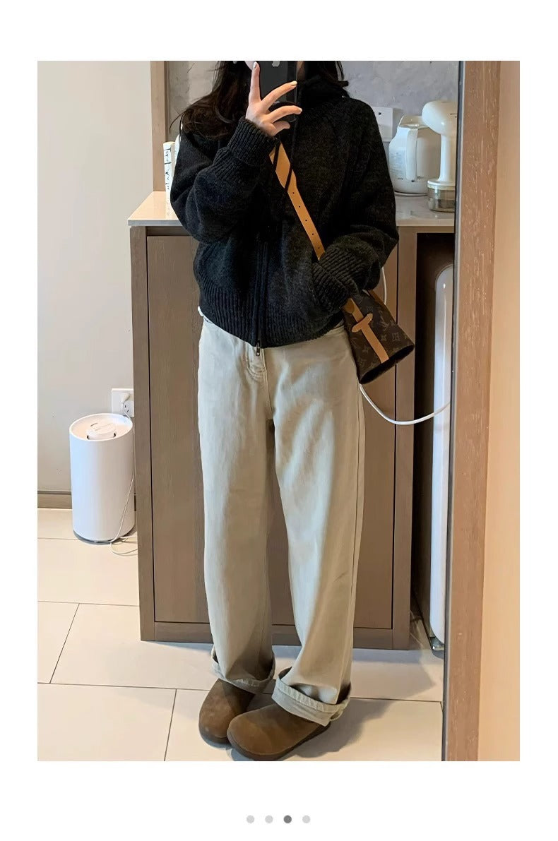 khaki Straight Leg Jeans Women's Trendy All-match New Arrival Loose High Waist Slimming Narrow Version Dosing Wide Leg Long Pants