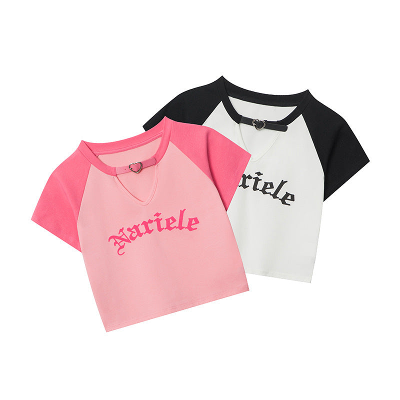 HeyHenry European and American Spice Girls Fashion Hollow Design Letter Print Contrast Color Short-sleeved T-shirt Women's Navel Top