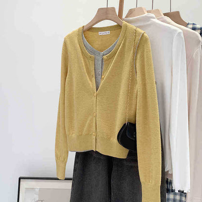 Beautiful V-neck Fake Two-piece Sleeve Knitted Cardigan Jacket Women's 2024 Autumn and Winter Western Style Unique Chic Slim Small Top