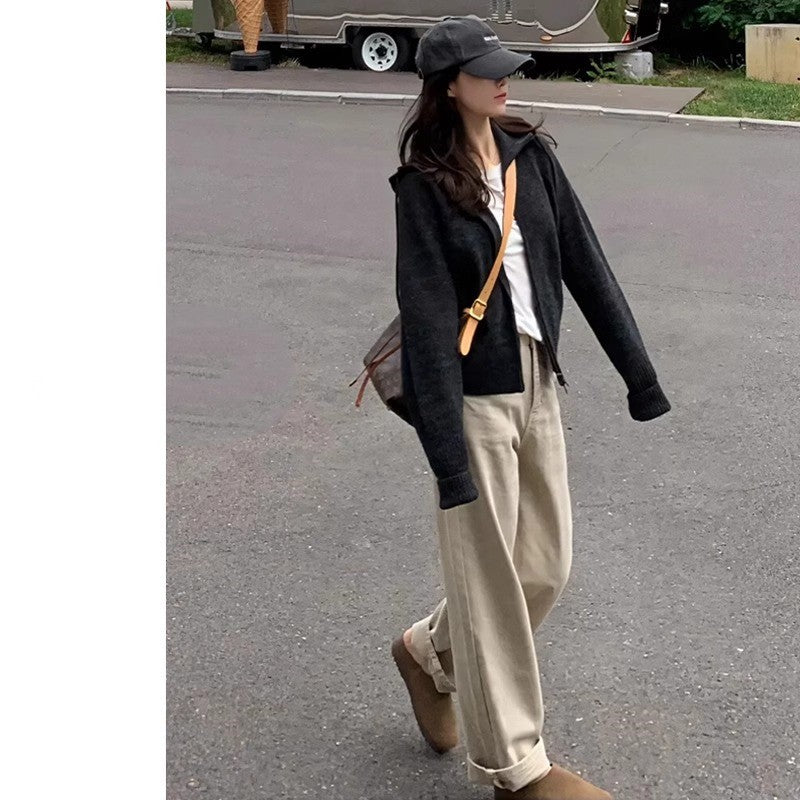 khaki Straight Leg Jeans Women's Trendy All-match New Arrival Loose High Waist Slimming Narrow Version Dosing Wide Leg Long Pants
