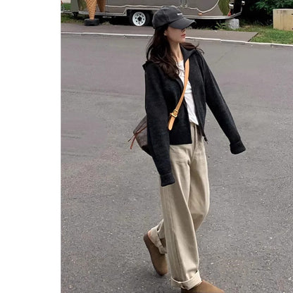 khaki Straight Leg Jeans Women's Trendy All-match New Arrival Loose High Waist Slimming Narrow Version Dosing Wide Leg Long Pants