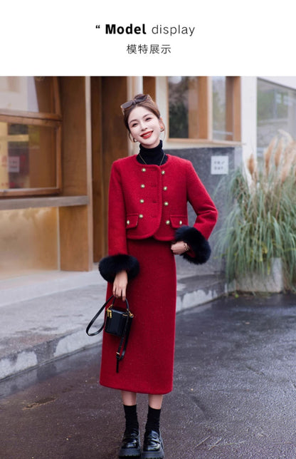 2024 Winter New Style Liner White Duck Down Jacket Real Hair Chanel Style suit Women's Light Luxury Socialite Skirt Two-piece Set