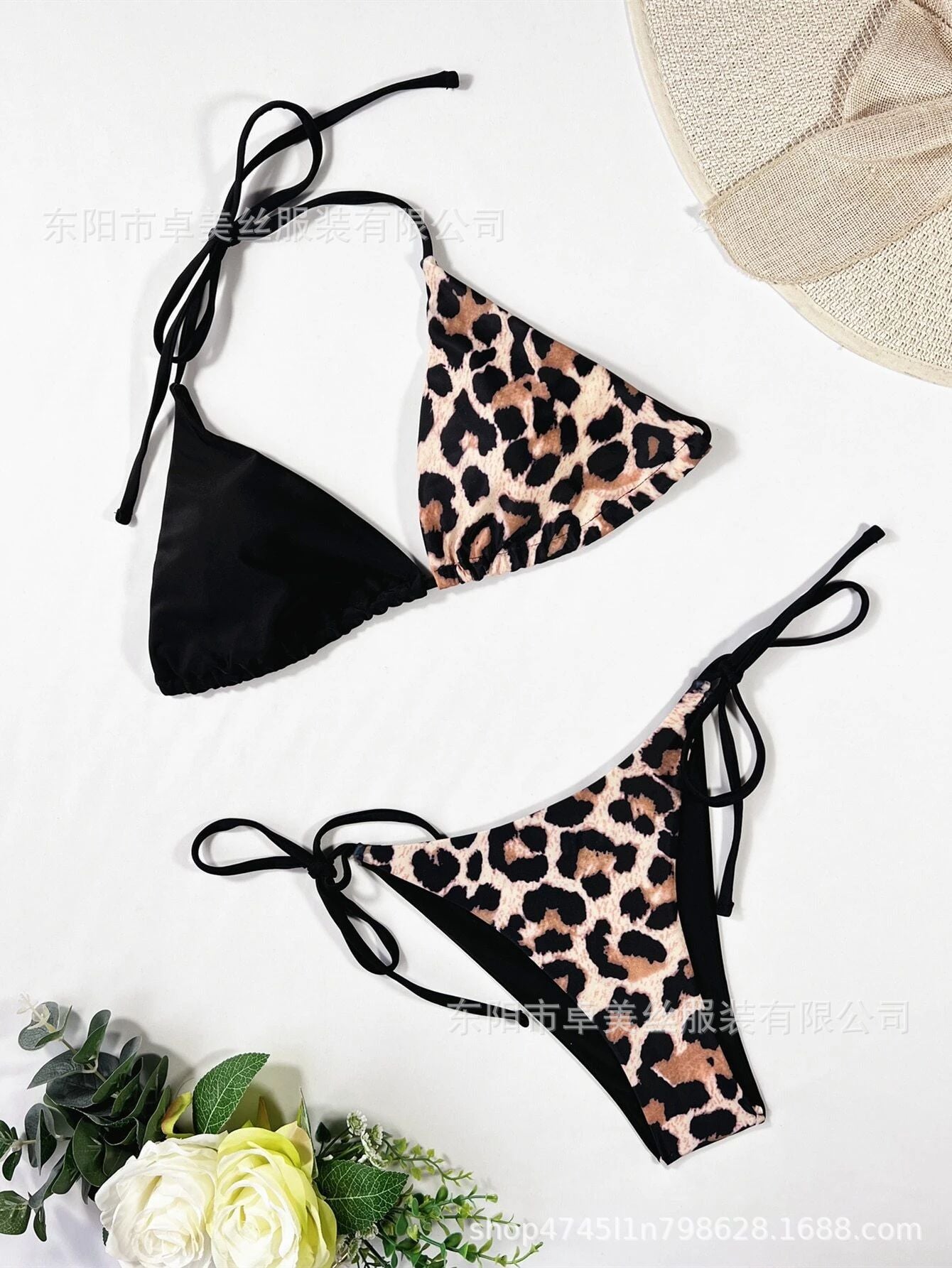 Cross-border new leopard print split women's swimwear sexy neck lace-up bikini backless triangle bag bikini wholesale