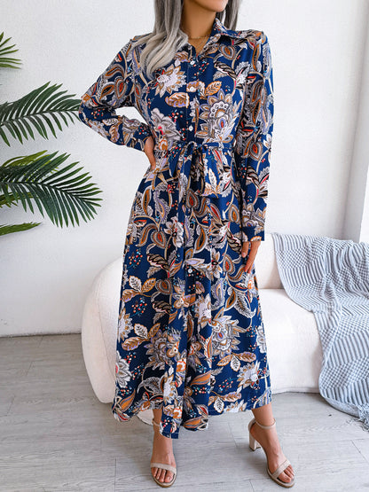 2026 Spring/Summer European and American Retro Floral Lapel Tie Shirt Dress Long Dress Amazon Cross-Border Women's Clothing