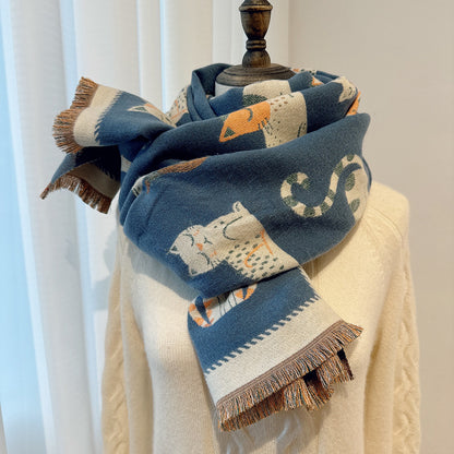 Cartoon Cute Cat Double-Sided Double-Wearing Imitation Cashmere Women's Winter Thickened Warm Neck Shawl Student Soft